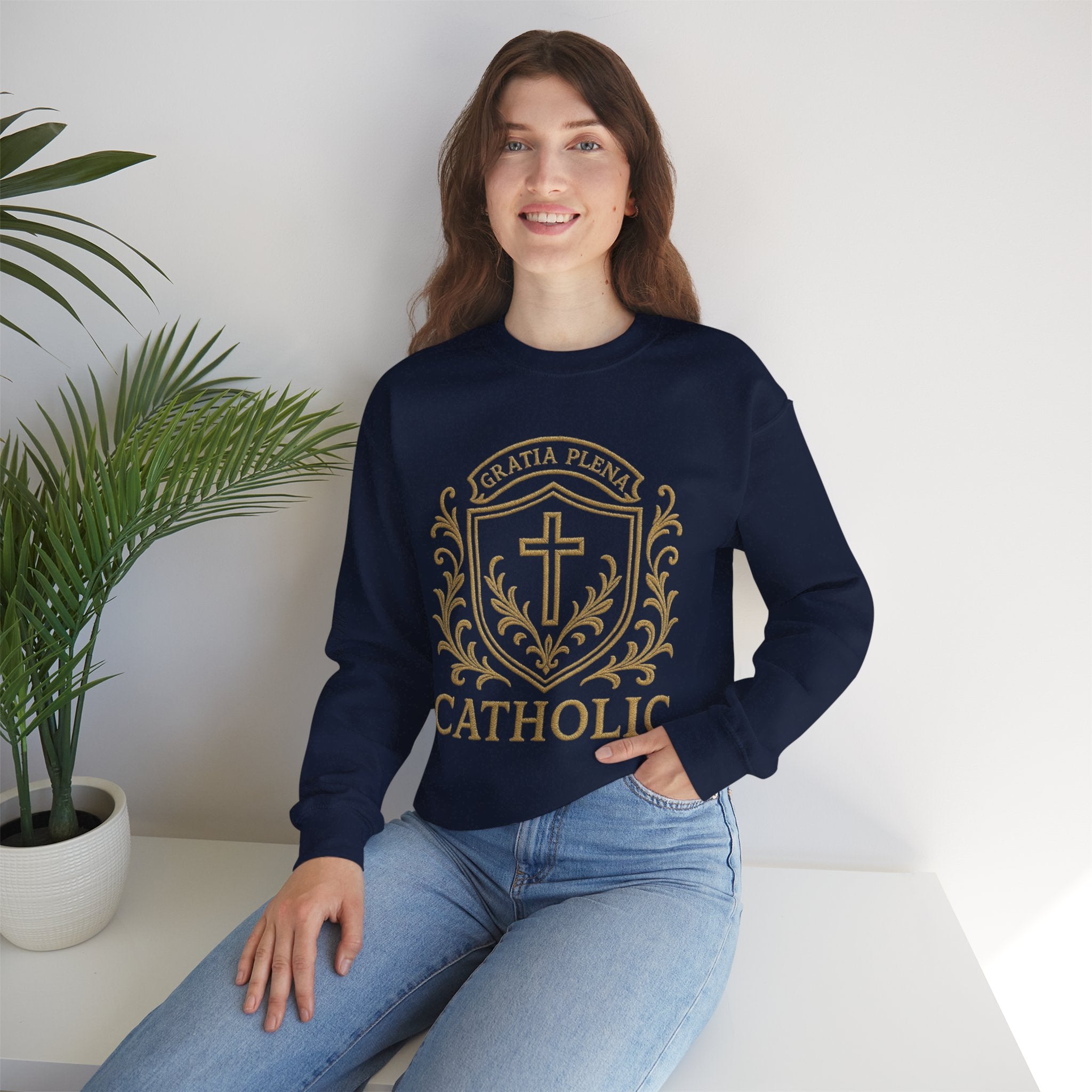 Catholic Luxury Crewneck Sweatshirt – “Gratia Plena” Emblem
