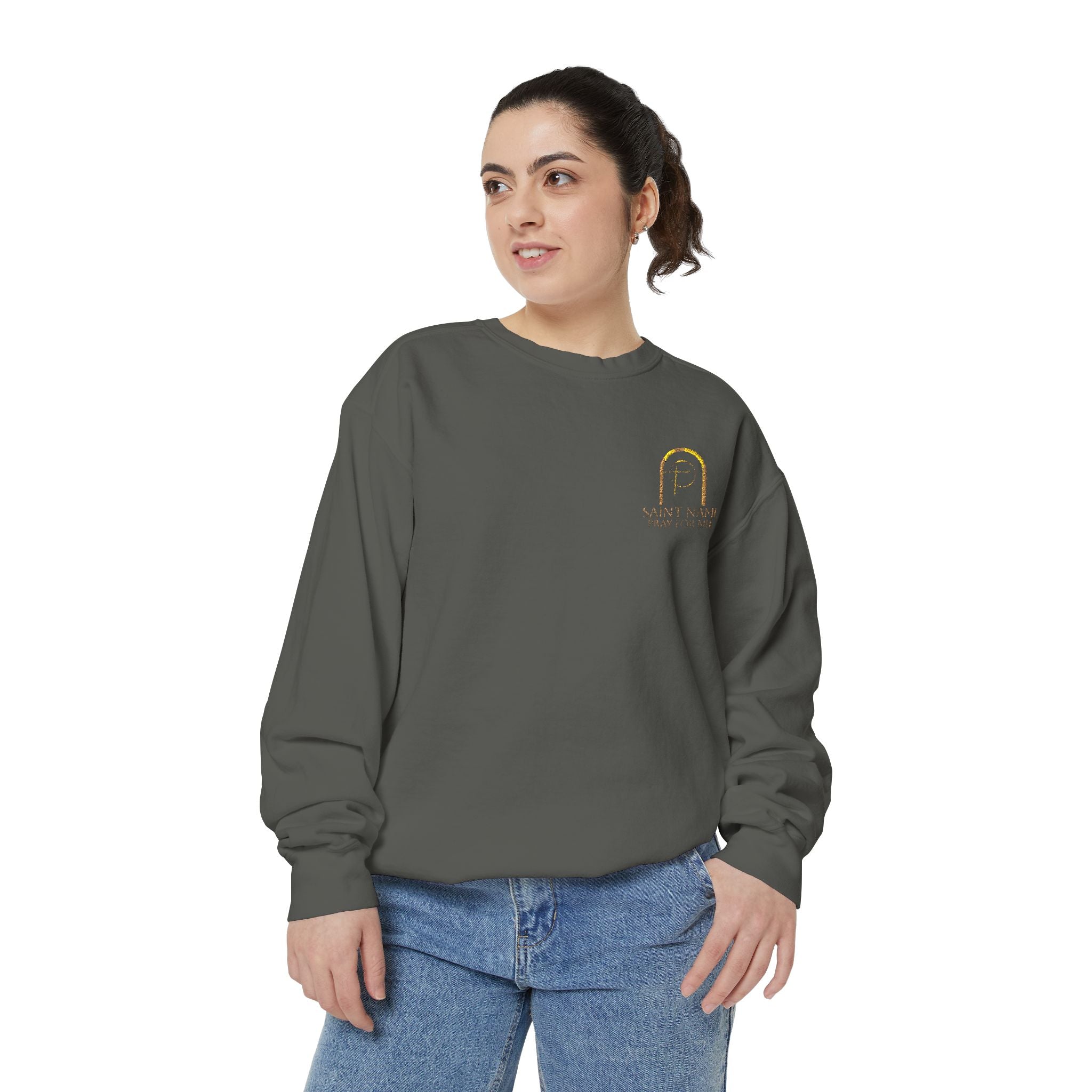 Personalized Luxe Cozy Fleece Prayers in Thread Subtle Elegance Gold Arch Crewneck Pullover