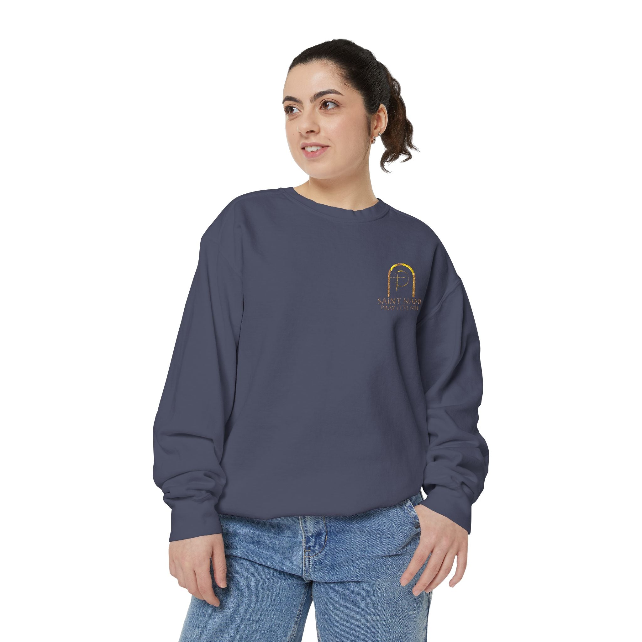 Personalized Luxe Cozy Fleece Prayers in Thread Subtle Elegance Gold Arch Crewneck Pullover