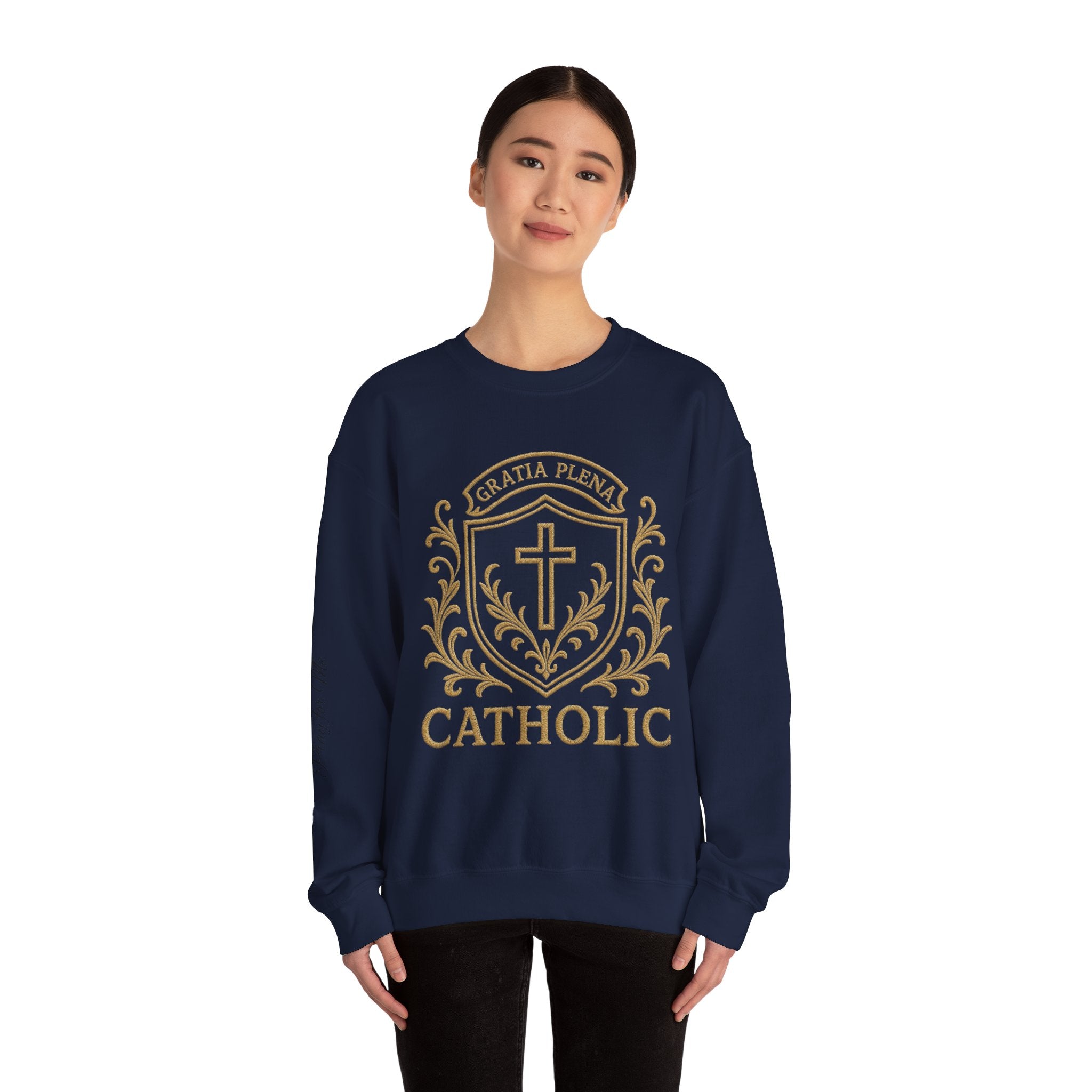 Catholic Luxury Crewneck Sweatshirt – “Gratia Plena” Emblem