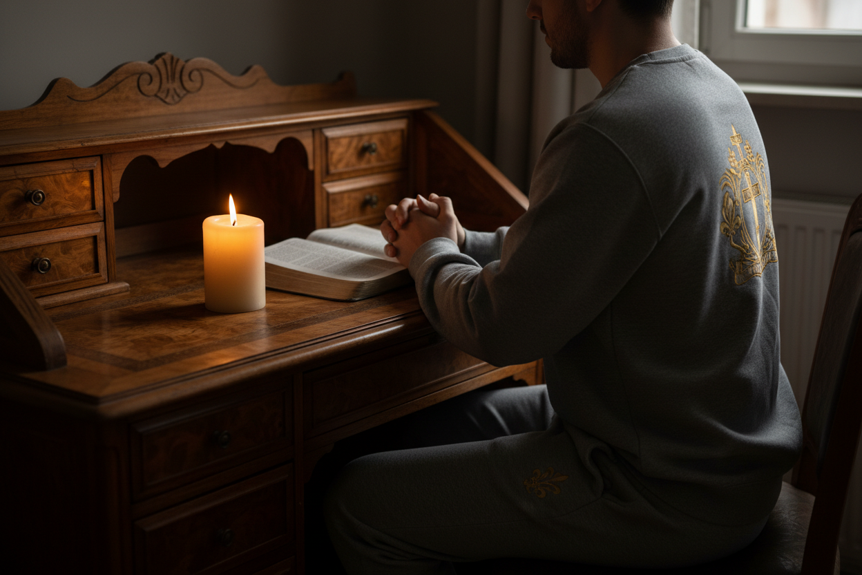 COZY HADWOOD INTRICATE DESK, WITH BURNING CANDLE, BIBLE, FEATURING PERSON WEARING CREWNECK AND JOGGERS WITH GOLD EMBROIDERED CATHOLIC CREST ON THE LEFT CHEST. PRAYING, MEDITATING, PEACEFUL, DARK COZY VIBES